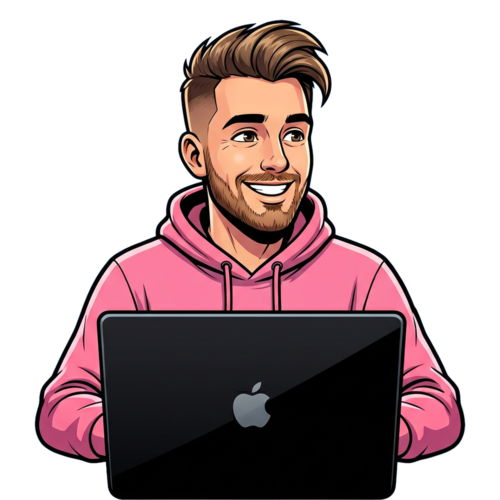 Eric Egger als Emoji arbeitet lächelnd an seinem MacBook